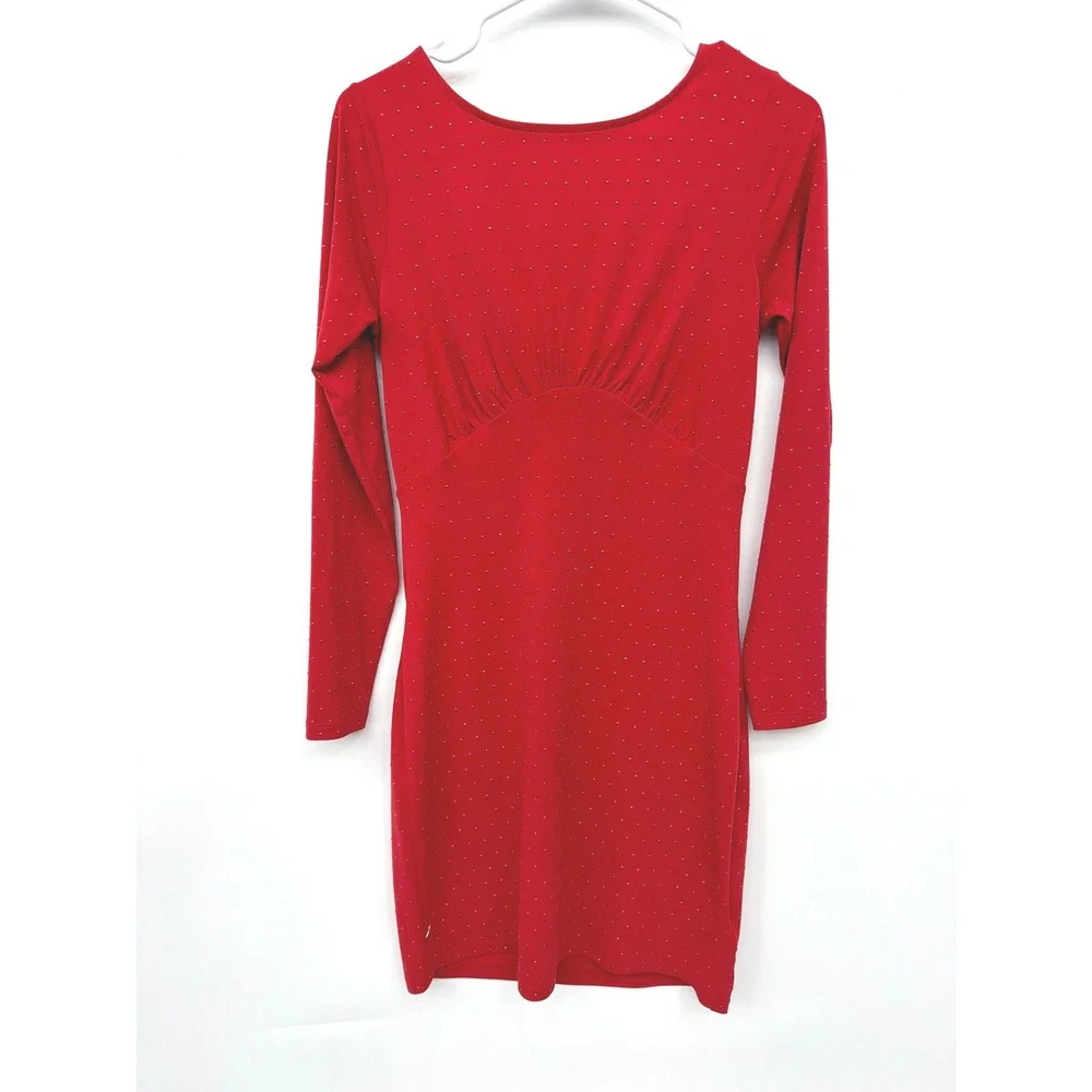Michael Kors Long Sleeve Studded Drape‎ Back Bodycon Mini Dress Womens XS Red